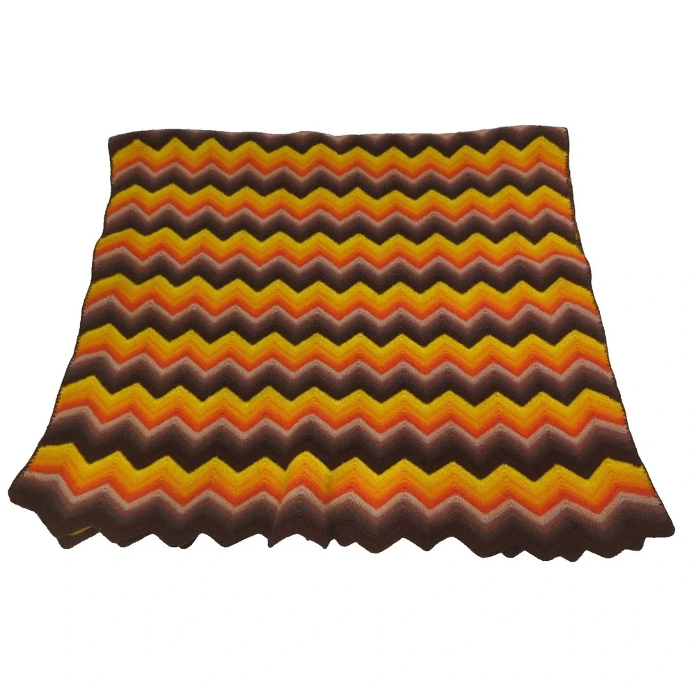 Vintage 70s chevron Afghan throw‎ orange brown crocheted or knit feels acrylic